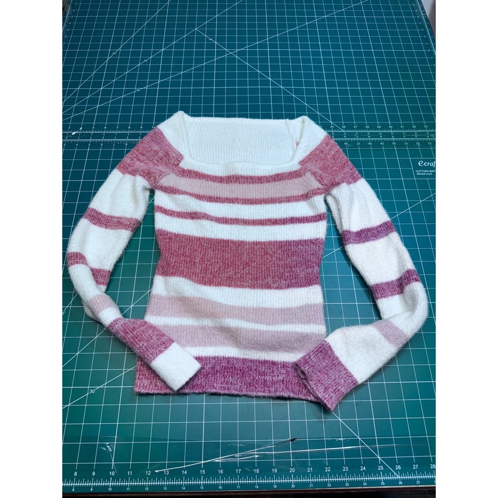 Pink Striped Square Neck Fuzzy Knit Sweater Long Sleeve Sz S sz2410257754438